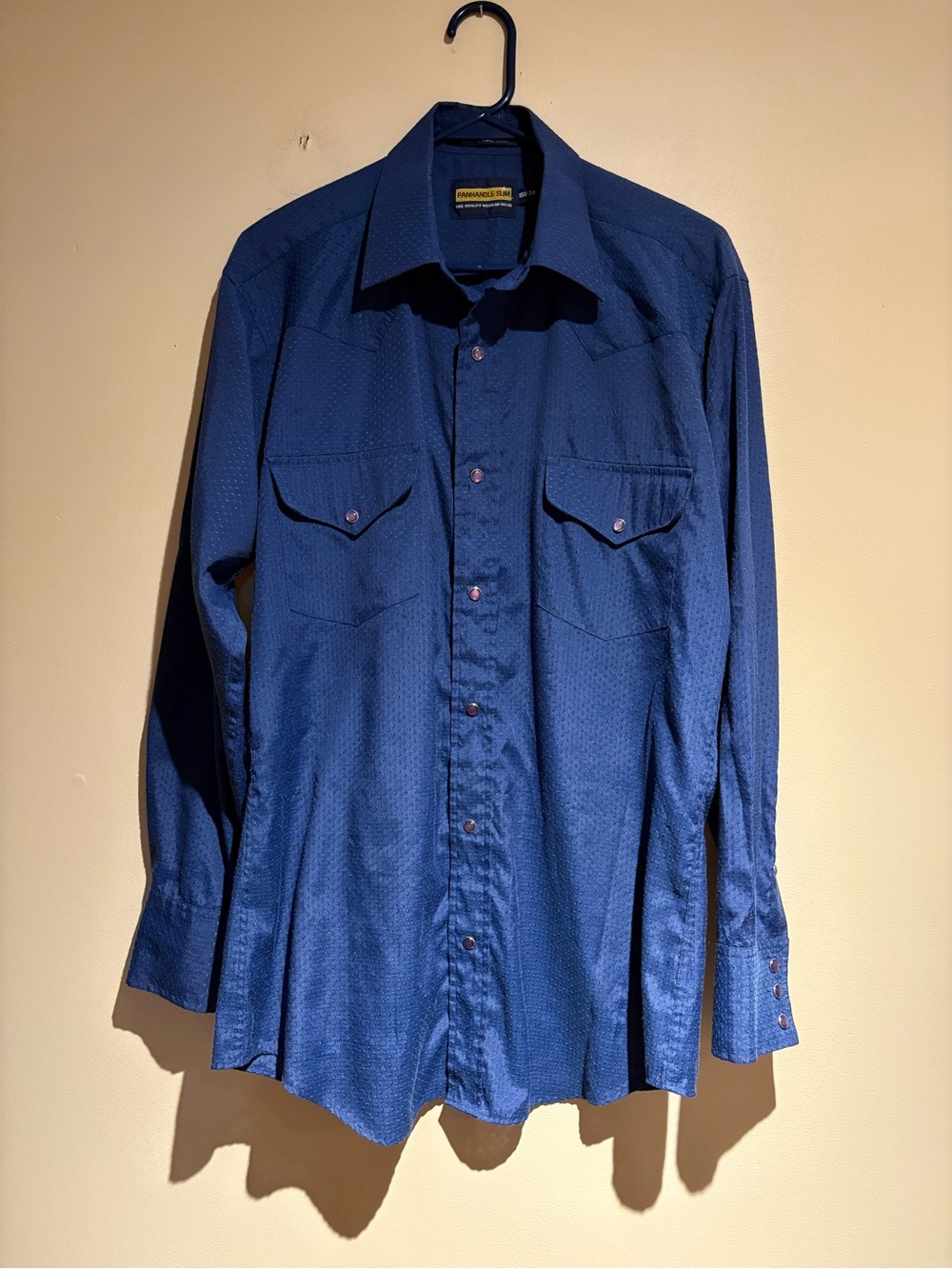 Panhandle Slim Textured Blue Long Sleeve Snap Button Down Shirt Sz 15.5-34 Flaws